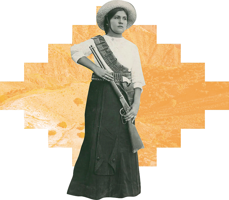 Mujer norteña histórica con sombrero y rifle